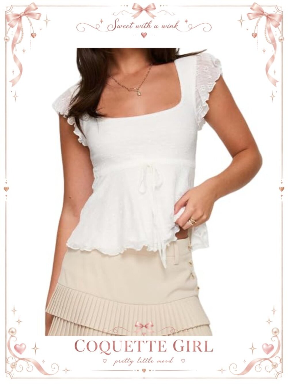 Y2K Lace Babydoll Tank Top Square Neck Tie Front Peplum Blouse